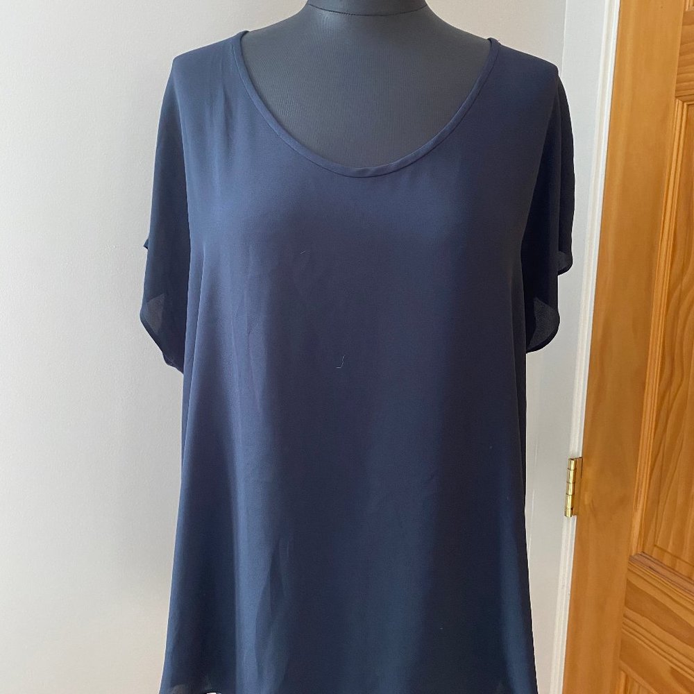 Navy professional blouse with flutter sleeve